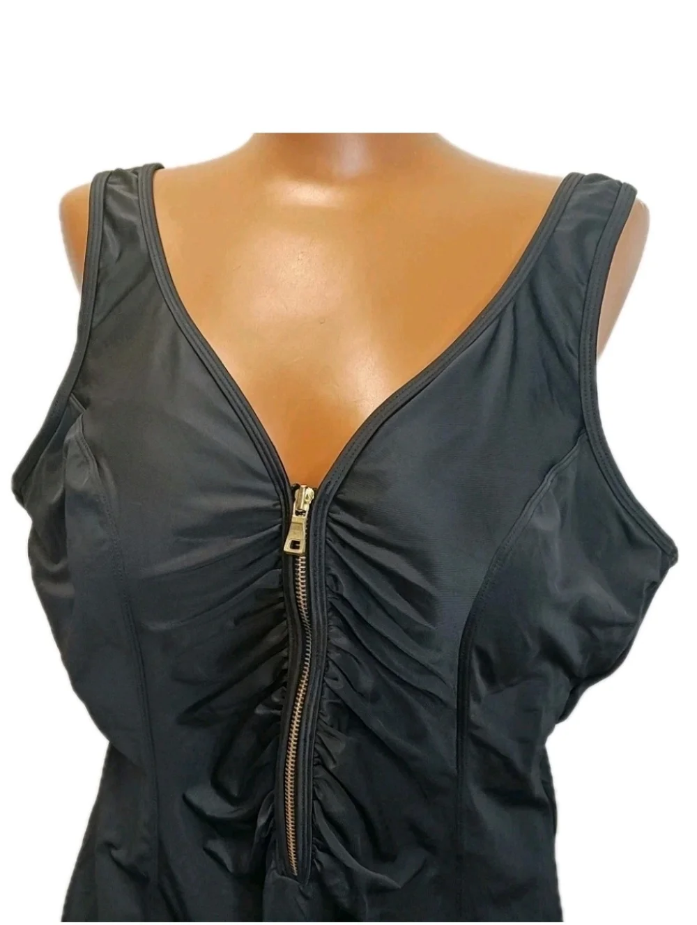 Coastal Blue Shirred Zip Front Swimsuit Sz 22/24W Black Wireless Tummy Control